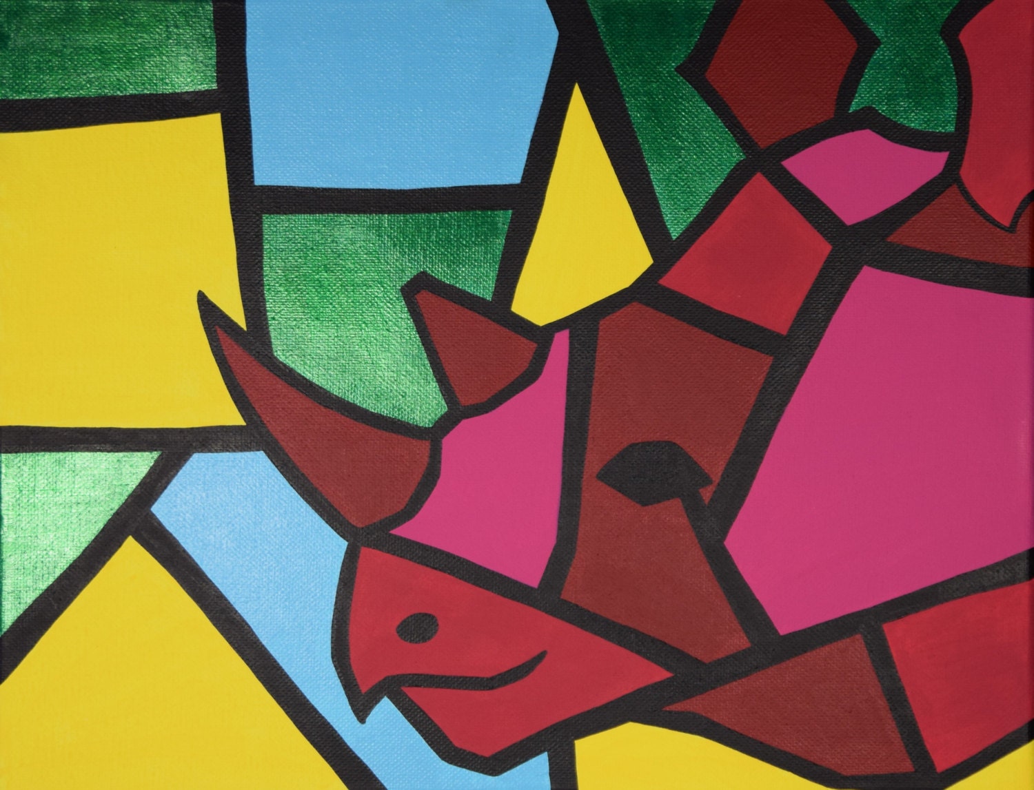 Pink Cubism Rhino Painting 11x14 Acrylic Painting