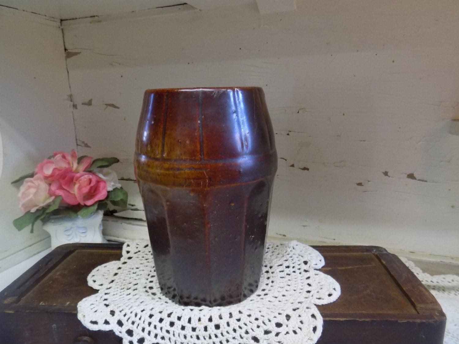 Antique Peoria Pottery Brown Wax Seal Fruit Jar Crock Old