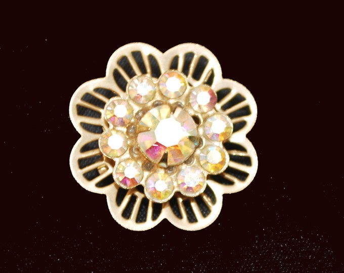 Rhinestone Flower Brooch Aurora Borealis Gold tone metal Mid century Pin