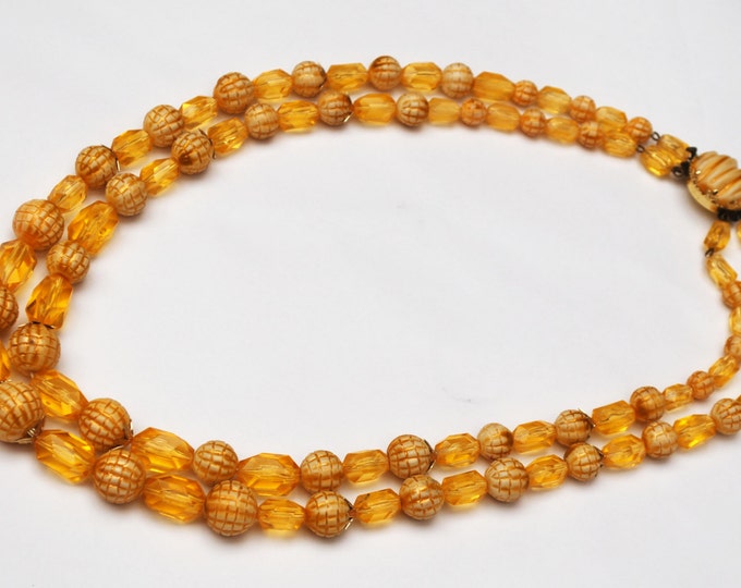 Double strand Bead Necklace - Amber Brown cream Lucite - West Germany - beads