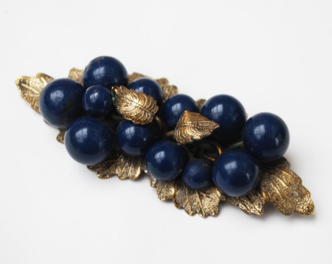 Leaf Berry Brooch - flower - Gold Brass leaves - Blue Berries Grapes Pin - Victorian Bar Brooch