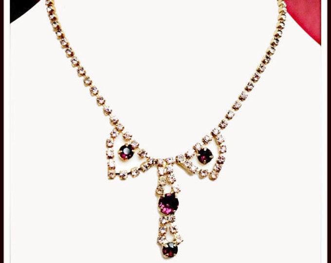 Purple Pink Rhinestone necklace - Princess length - vintage necklace