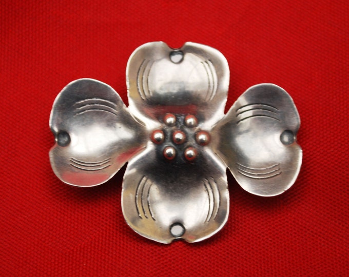 Dogwood flower Brooch - Sterling Silver - Signed Handmade - Floral Pin