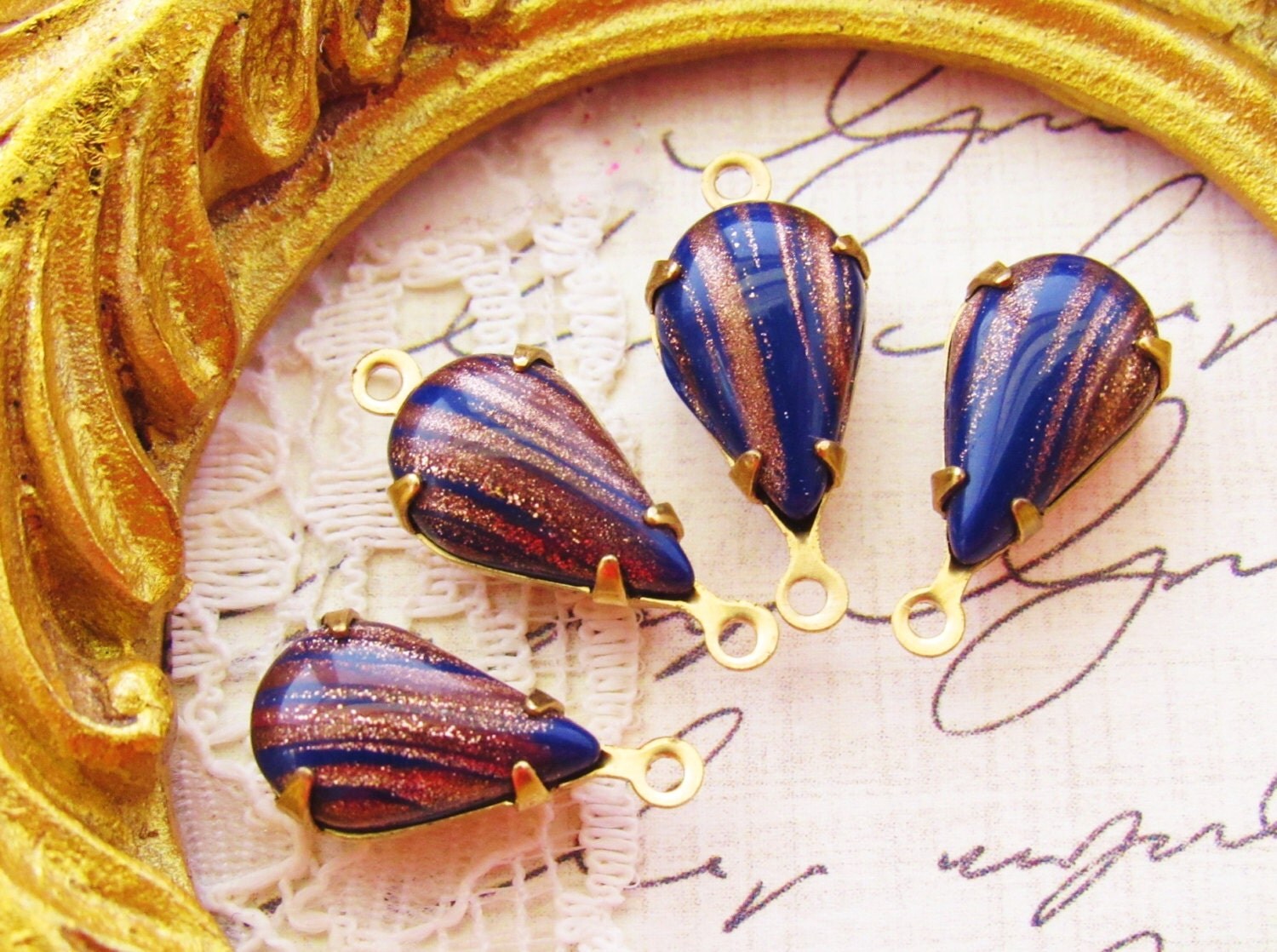 Vintage 13x8mm Teardrop Navy Blue Goldstone Glass Stones Set