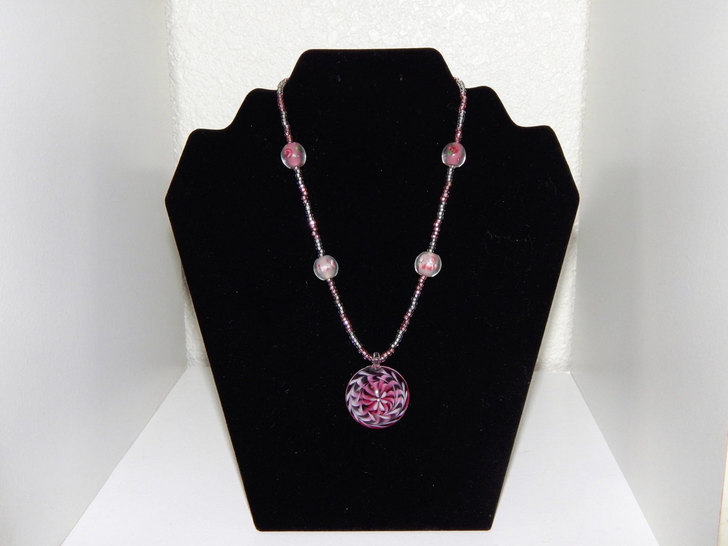 SALE 30% OFF Czech Pink/Silver Necklace with Lampwork
