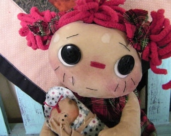 Primitive raggedy doll, Raggedy Ann, tea stained primitive