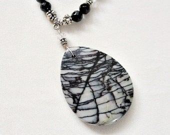 Summer Sale,For Her,Necklace,For Mom,For Grandma,Black Onyx,Spider Web Jasper Pendant,Statement,Necklace,Retirement Gift for Woman,Unique
