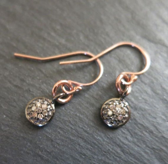 Tiny Pave Diamond earrings Diamond disc drop earrings