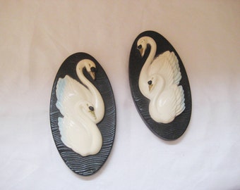 Swan plaques, ceramic plaques, bathroom decor, chalkware wall decor, 1965 Miller Studio