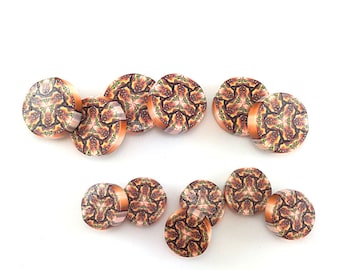 Artisan beads, kaleidoscope beads, orange, yellow and white kaleidoscope round flat beads, Polymer clay beads, set of 12 millefiori beads
