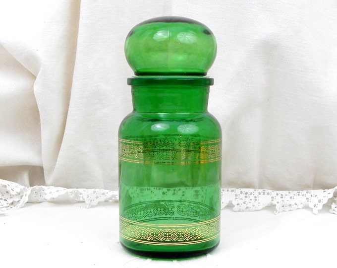 Vintage Green Glass Apothecary Decorative Jar, French Decor, Retro Home Interior, Storage Jar, Kitchen, Belgium, Canister, Gold Motif