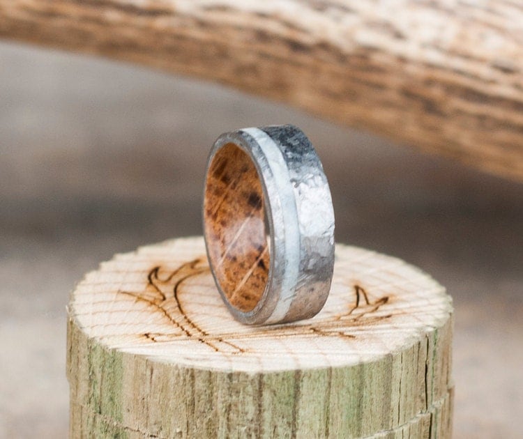 Mens Wedding Band Whiskey Barrel Lined Ring w/ Antler Inlay