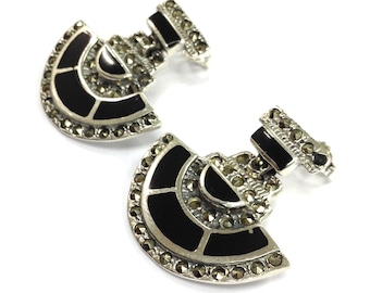 Art deco Style black onyx and Marcasite Earrings 925 Sterling silver