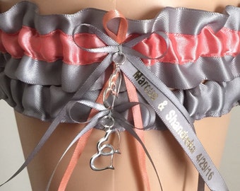 Personalized Wedding Garter, Bridal Garter Sets, Silver and Coral Wedding Garter Set, Keepsake Garter, Bridal Gift, Personalized Garter