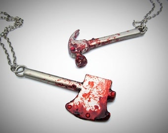 Bloody Weapons Necklace ~~ bloody axe, bloody saw, bloody hammer, Halloween necklace, gory necklace