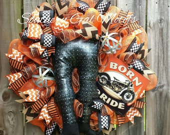 Biker wreath-Biker mesh wreath-Motorcycle wreath-Father's Day gift-Motorcycle decorations-men's birthday gift-Biker gift-fathers day gift-