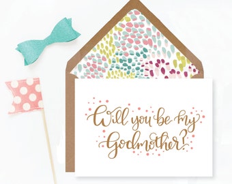 Hand-lettered Will You Be My Godmother Card; Pink, Turquoise and Green