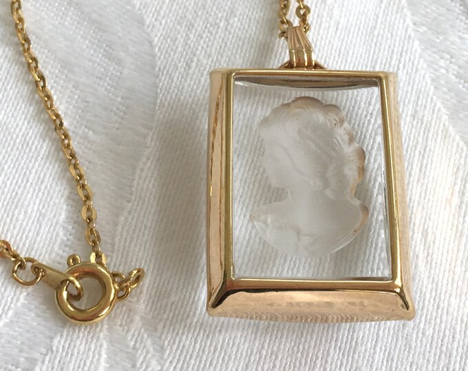 Vintage Cameo Necklace, Glass Intaglio Cameo, Beveled Glass with 17" Chain, Cameo Jewelry
