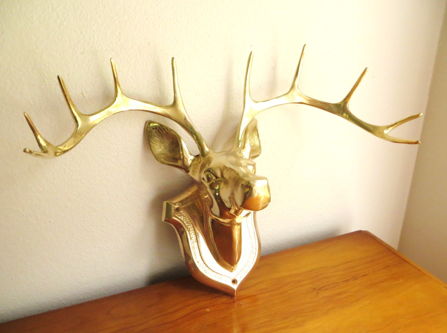 Vintage Brass Deer Head Wall Hanging Large by DewyMorningVintage