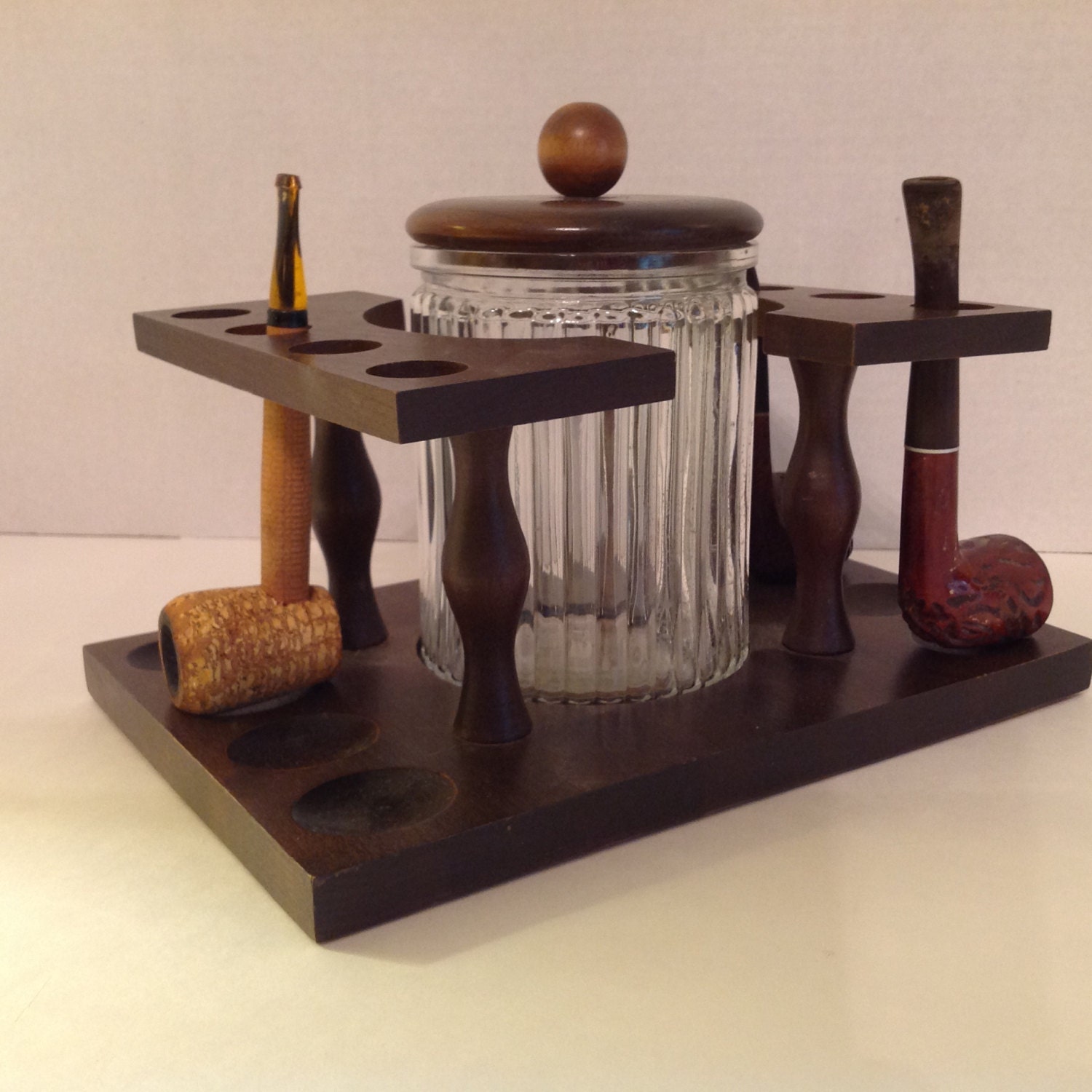 Pipe Stand Vintage Walnut 8 Rest Pipe Stand with Clear Glass Humidor