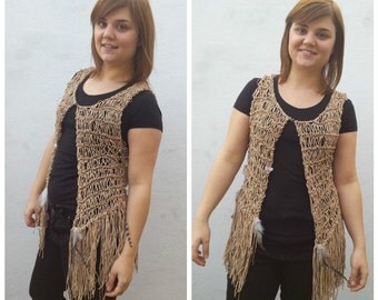 Beige faux leather vest, knit vest, faux leather, hippie vest, fringe vest, vest with fringes, faux suede vest, festival, hippie fashion