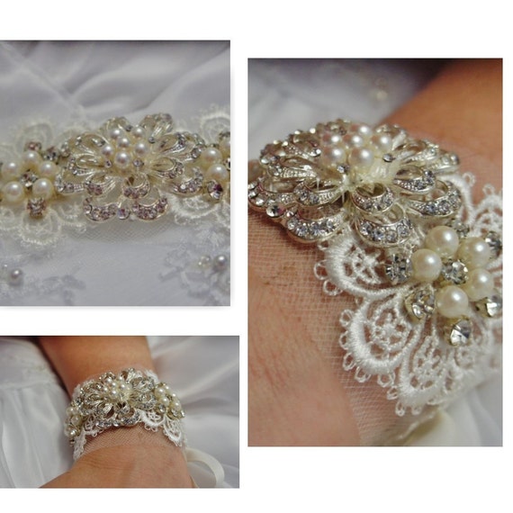 Bridal Ivory/Off-White Lace Cuff, Rhinestone/ Pearls/ Lace Wrist Cuff ...