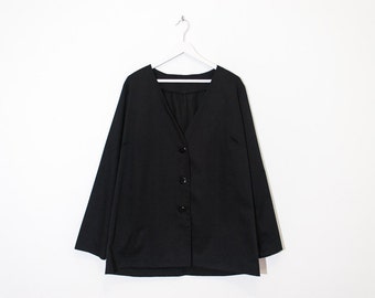 on sale - black oversized collarless blazer / loose lightweight button-up jacket / size XL