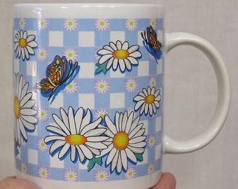 Vintage Coffee Mug Daisies and Butterflies on Blue Checked Background NICE!!