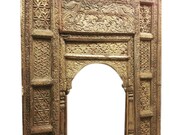 Antique Welcome Gate Jaipur Arch Carved Peacock Teak Vintage Architectural 18c