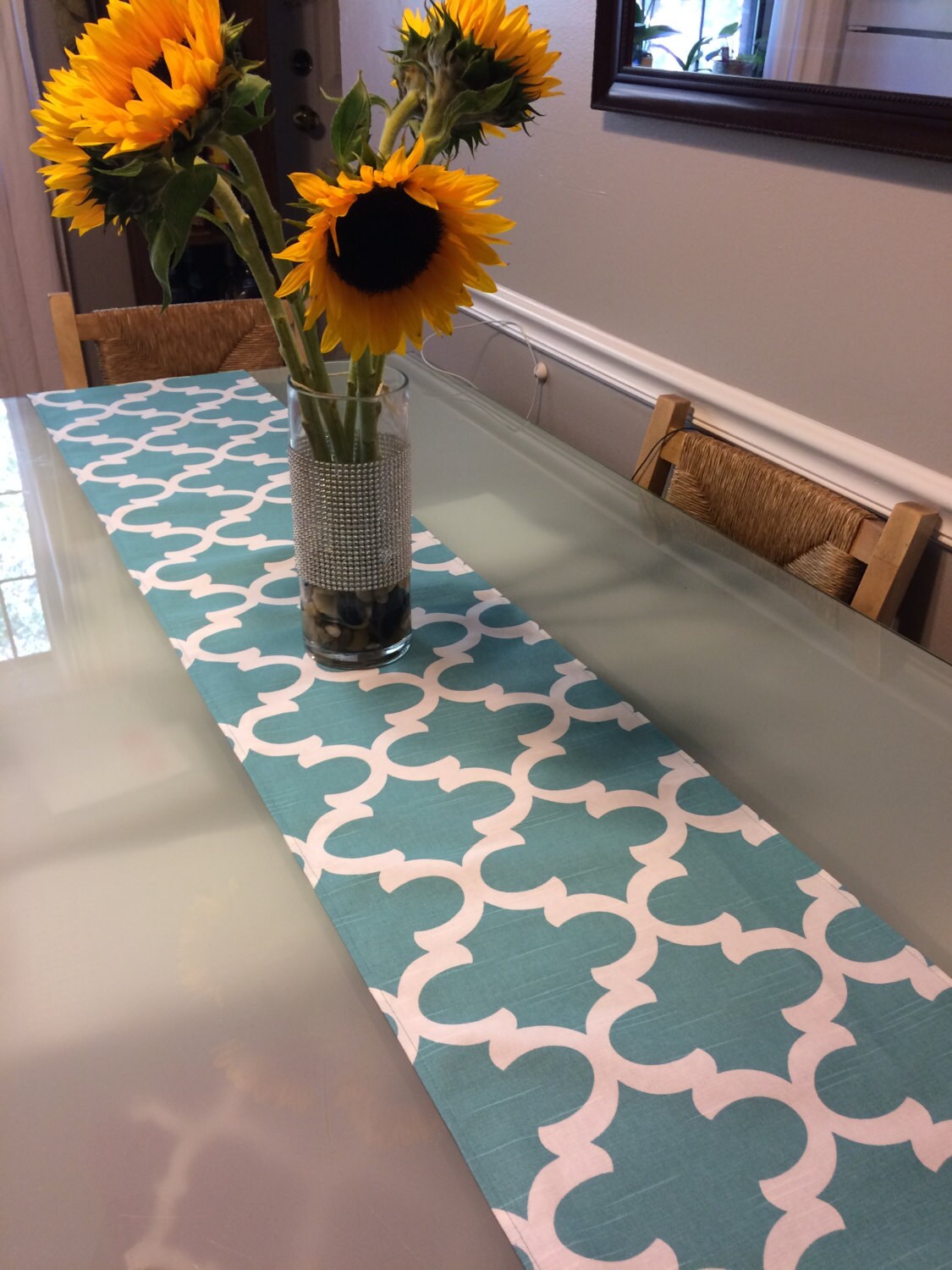 Moroccan Table Runner Teal Blue Geometric Table Runner