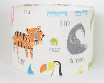 Lampshade in Scion Guess Who Animal Magic fabric in Tutti Frutti/Chalk