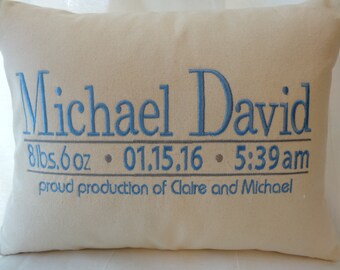 Personalized Baby Boy Gift - Birth Announcement Keepsake Pillow - Monogrammed Baby Boy - Perfect Nursery Gift