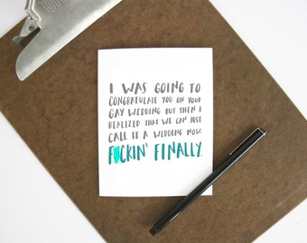 Gay wedding card - funny wedding card - blank couple card - same sex marriage congrats - mature