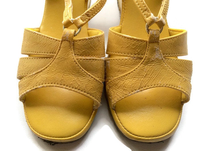 SALE Yellow Wedge Sandals Mustard Sandals Faux Leather 70s