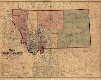 Old Map of Montana, Montana map Territory of MONTANA ART 1865 Antique Restoration Hardware Style Montana Wall map Vintage wall home decor