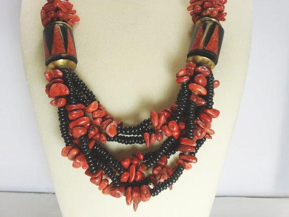 African Jasper Tribal Necklace / Red and Black Jasper Tribal