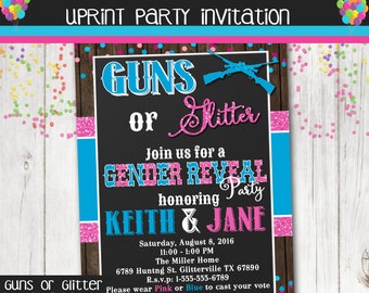 Guns or Glitter Gender Reveal Party Invitation - Pink and Blue - Boy or Girl - Printable - Chalkboard Camo or Pink Glitter