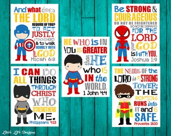 Superhero Wall Art. Seek Justice, Micah 6 8. 1 John 4 4. Joshua 1:9 Be strong. Proverbs 18. Phil 4 13. Superhero Decor. Bible Verses. ALL 5!