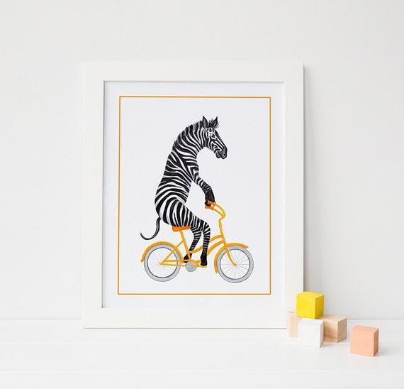 Zebra on yellow bicycle print cycling zebra kids wall art 5