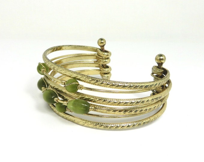 Tiger Eye Bracelet, Vintage Multistrand Bracelet, Green Tiger Eye Cuff, Gold Tone Cuff Bracelet