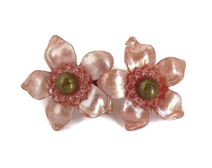 Vintage Brooch - Art Deco Celluloid Brooch, Pink Frost Carved Double Flower Pin, Gift for Her, Gift Box