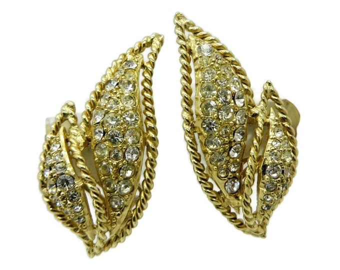 Hattie Carnegie Vintage Rhinestone Earrings, Large Braided Leaf Clip-ons, Bridal Jewelry