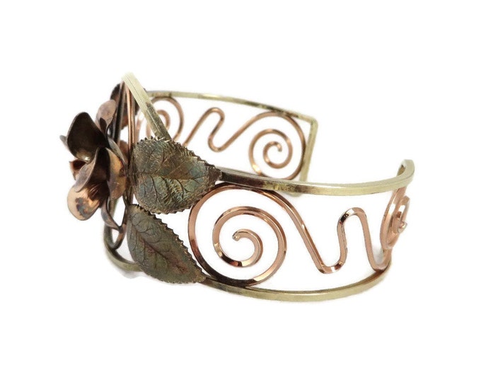 Copper Rose Cuff Bracelet, Vintage Two Tone Flower Bracelet