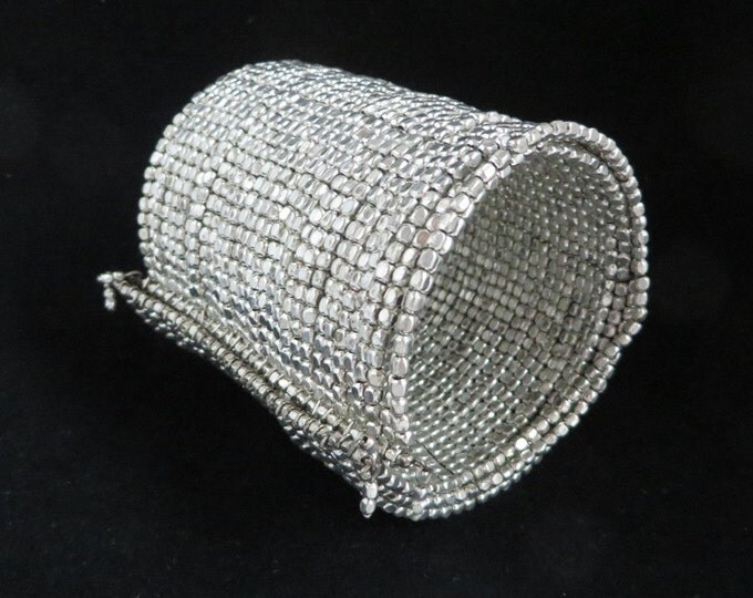 Chunky Wide Silver Tone Beaded Cuff Bracelet