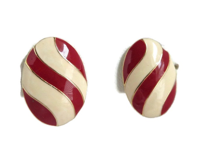 Napier Striped Earrings, Vintage Cream and Red Earrings, Oval Clip-on Earrings, Gift for Her, Gift Box