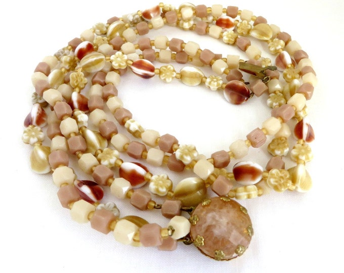 Glass Bead Triple Strand Necklace, Vintage Cream & Brown Beaded Necklace