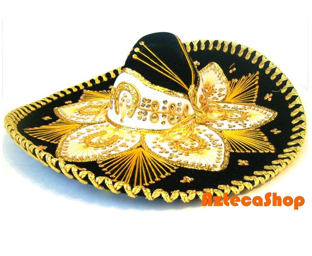 Authentic Mexican Charro Sombrero Black With White By Aztecashop