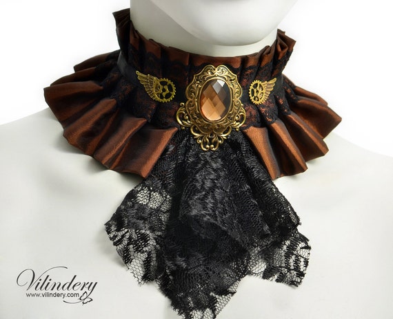 Steampunk Choker with brown glass crystal gears and wings
