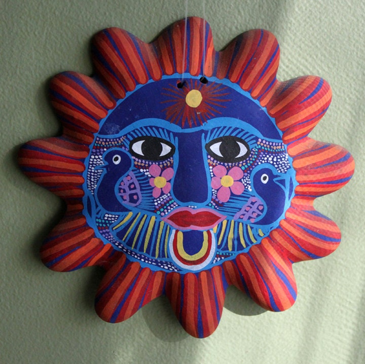 Wall Decor. Hand Painted Terracotta Sun. Mexican Art Home