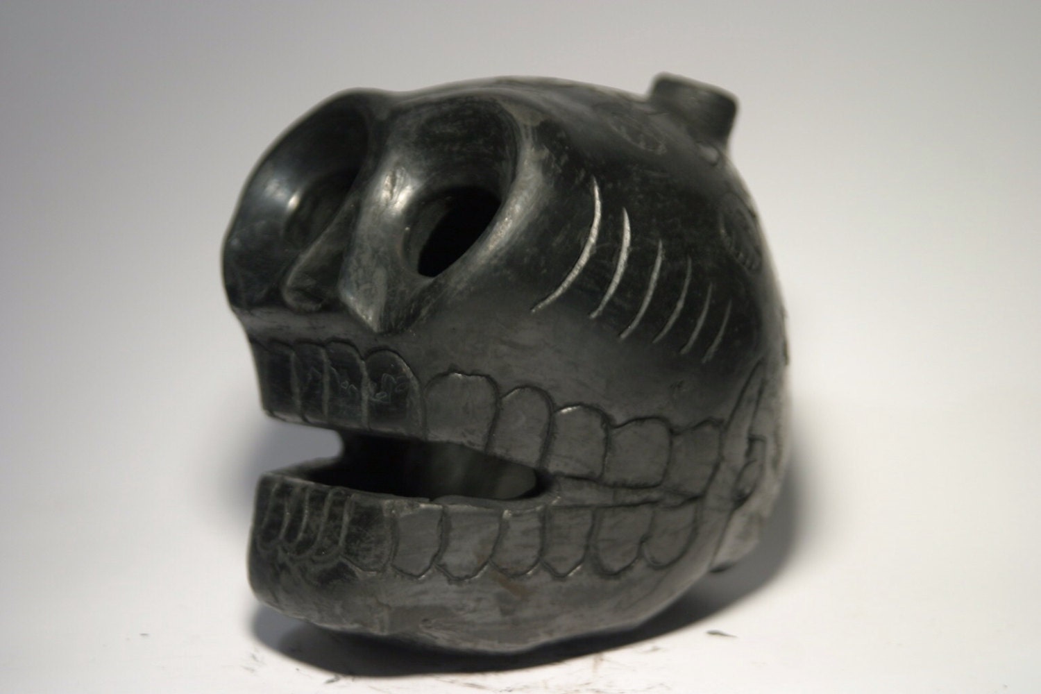 Large Aztec death whistle black clay original frightening